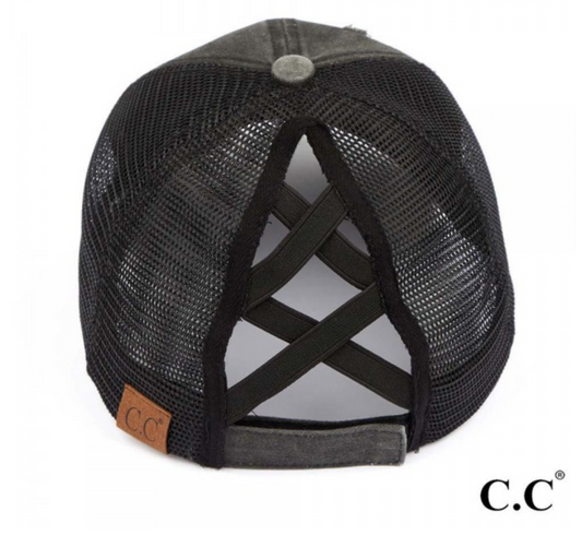 Distressed Denim Criss-Cross High Ponytail Ball Cap. Black with black mesh back.
