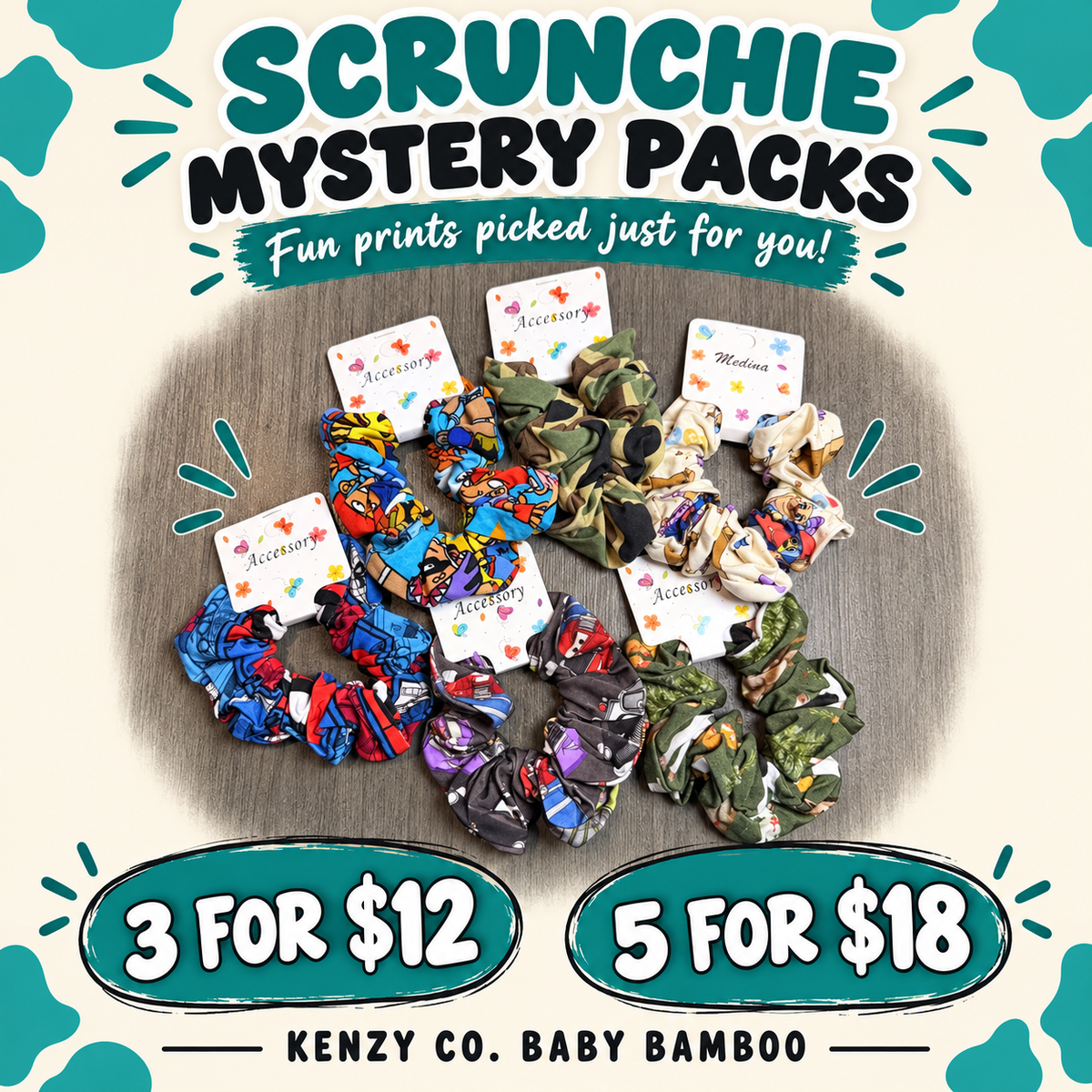 Mystery Bamboo Scrunchie 3 -Pack