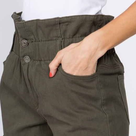Paper Bag Waist Shorts with Buttons - Olive