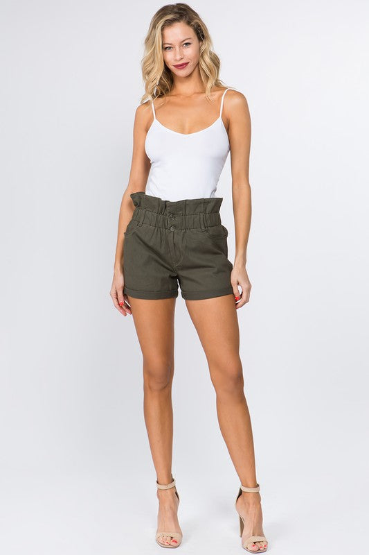 Paper Bag Waist Shorts with Buttons - Olive