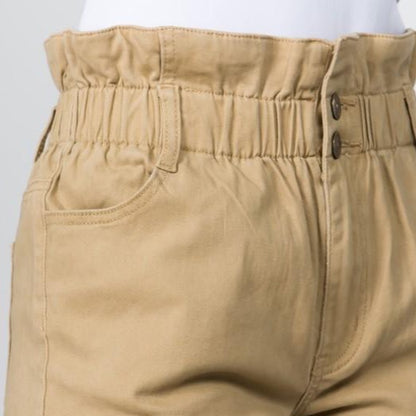 Paper Bag Waist Shorts with Buttons - Khaki
