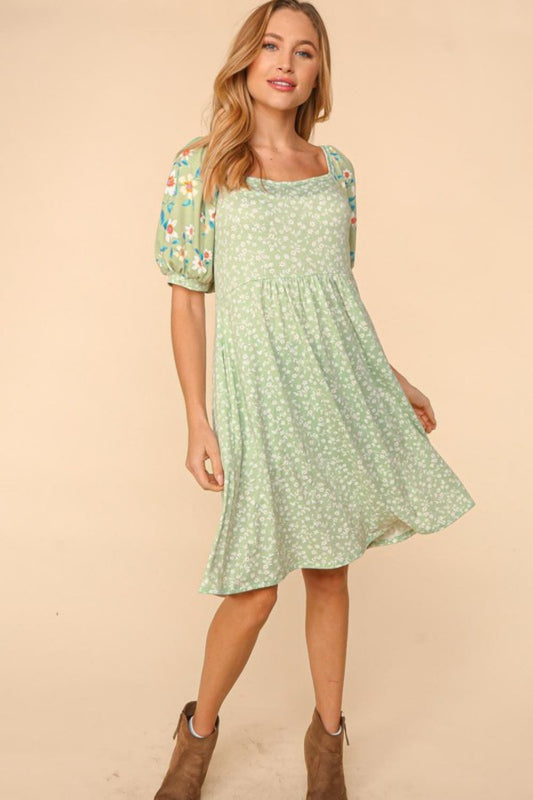 Floral Lantern Sleeve Dress with Pockets