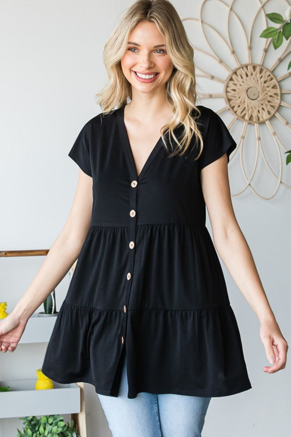 Buttoned V-Neck Tiered Top