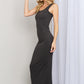 Woman modeling maxi tank dress with a scoop neck in ash grey.