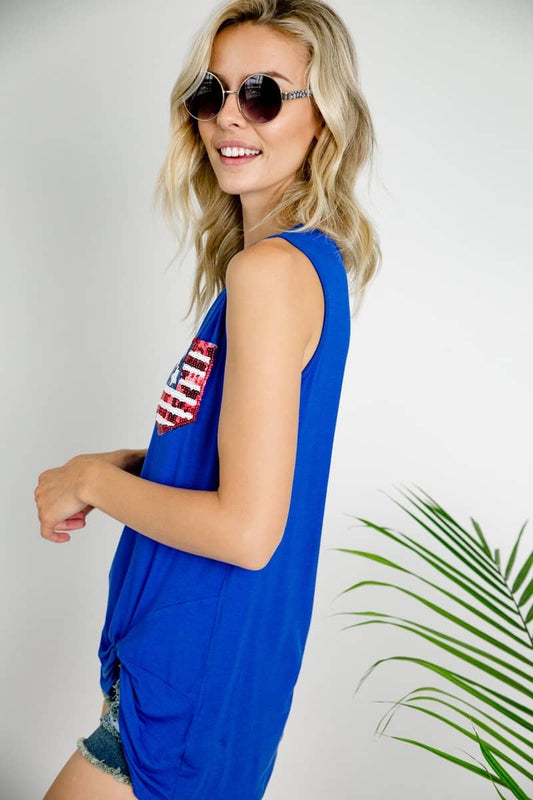 woman in knotted tank with sequined american flag  pocket 