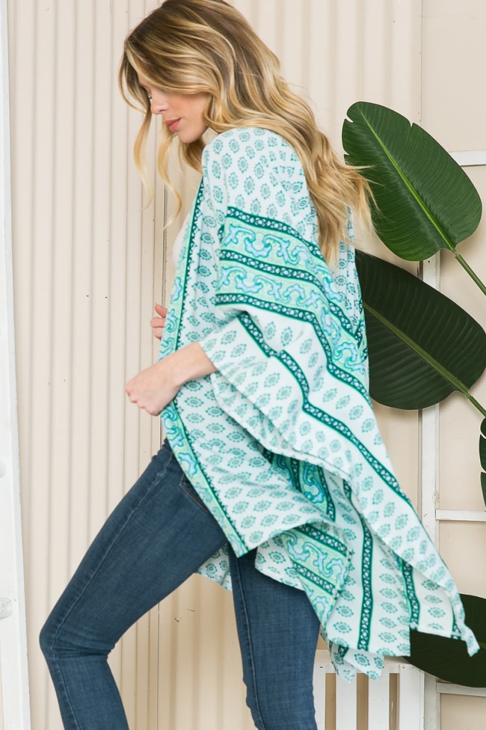 Printed Open Front Slit Cardigan in Green