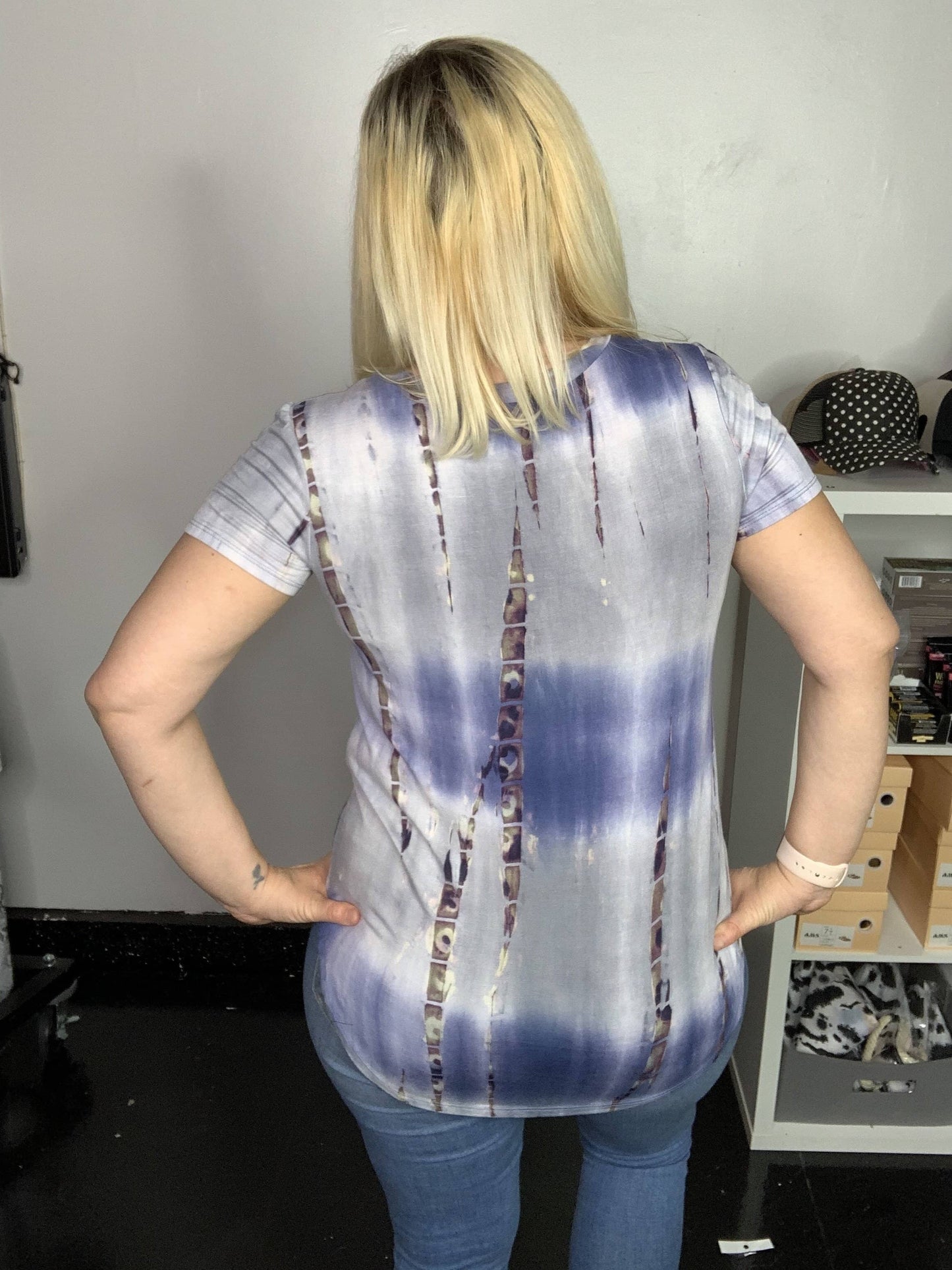 blue tie dye t-shirt on woman back view
