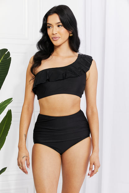 Seaside Romance Ruffle One-Shoulder Bikini in Black