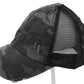 Camouflage Criss-Cross High Ponytail Ball Cap. Black camouflage with black mesh back.