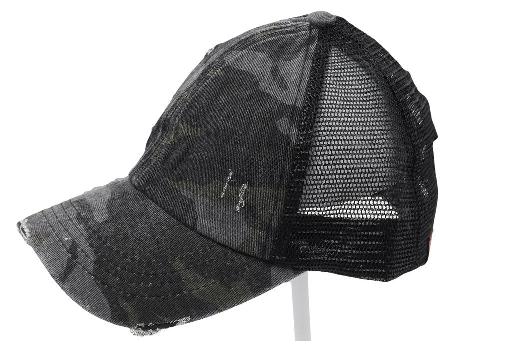 Camouflage Criss-Cross High Ponytail Ball Cap. Black camouflage with black mesh back.