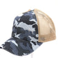Camouflage Criss-Cross High Ponytail Ball Cap. Blue camouflage with beige mesh back.