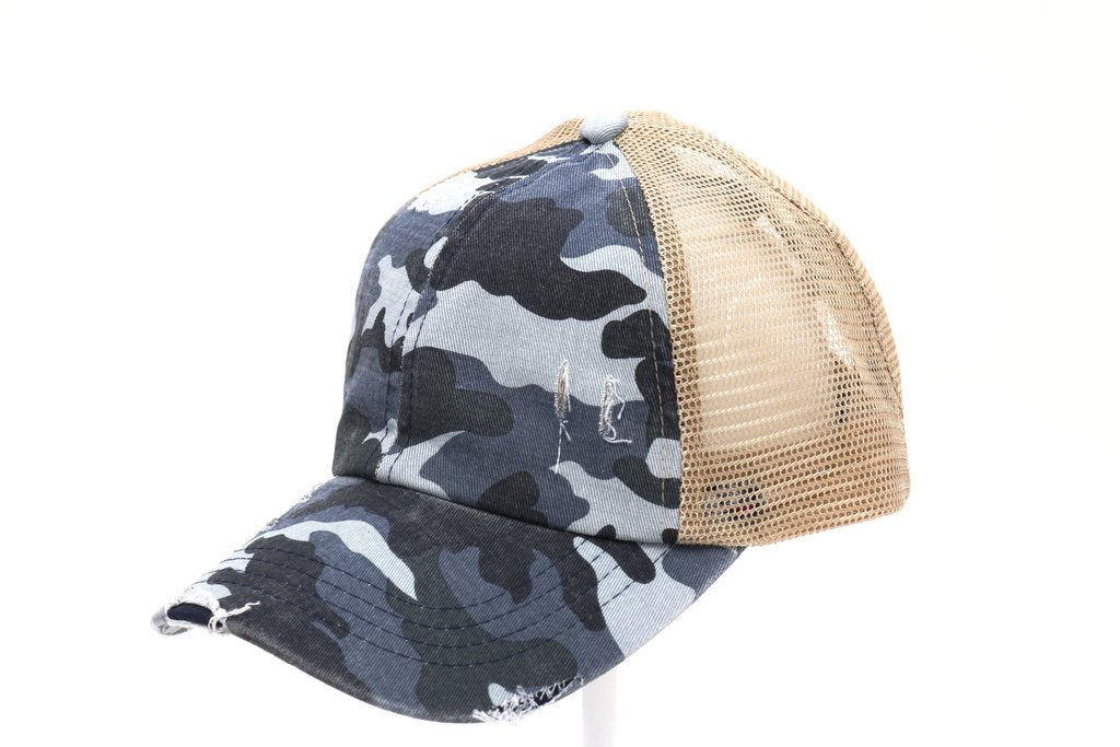 Camouflage Criss-Cross High Ponytail Ball Cap. Blue camouflage with beige mesh back.
