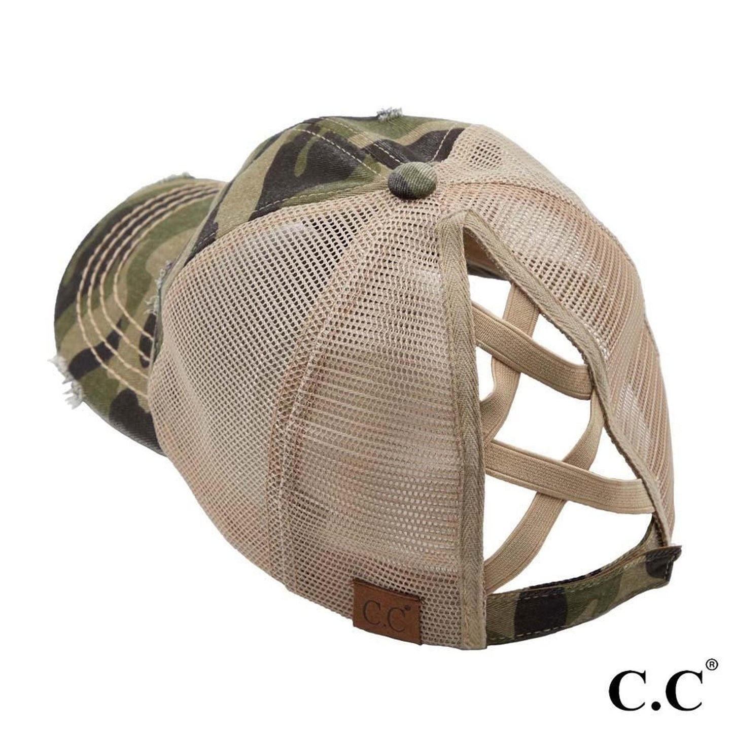 Camouflage Criss-Cross High Ponytail Ball Cap. Olive camouflage with beige mesh back.