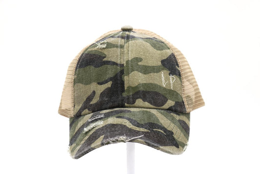 Camouflage Criss-Cross High Ponytail Ball Cap. Olive camouflaged with beige mesh back.