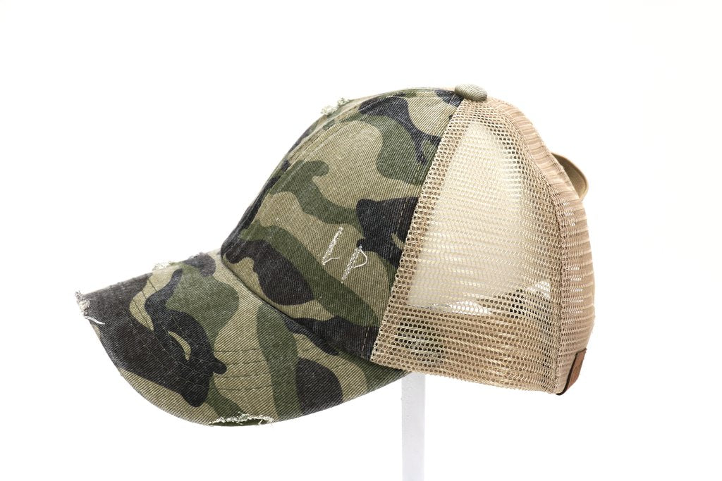 Camouflage Criss-Cross High Ponytail Ball Cap. Olive camouflage with beige mesh back.