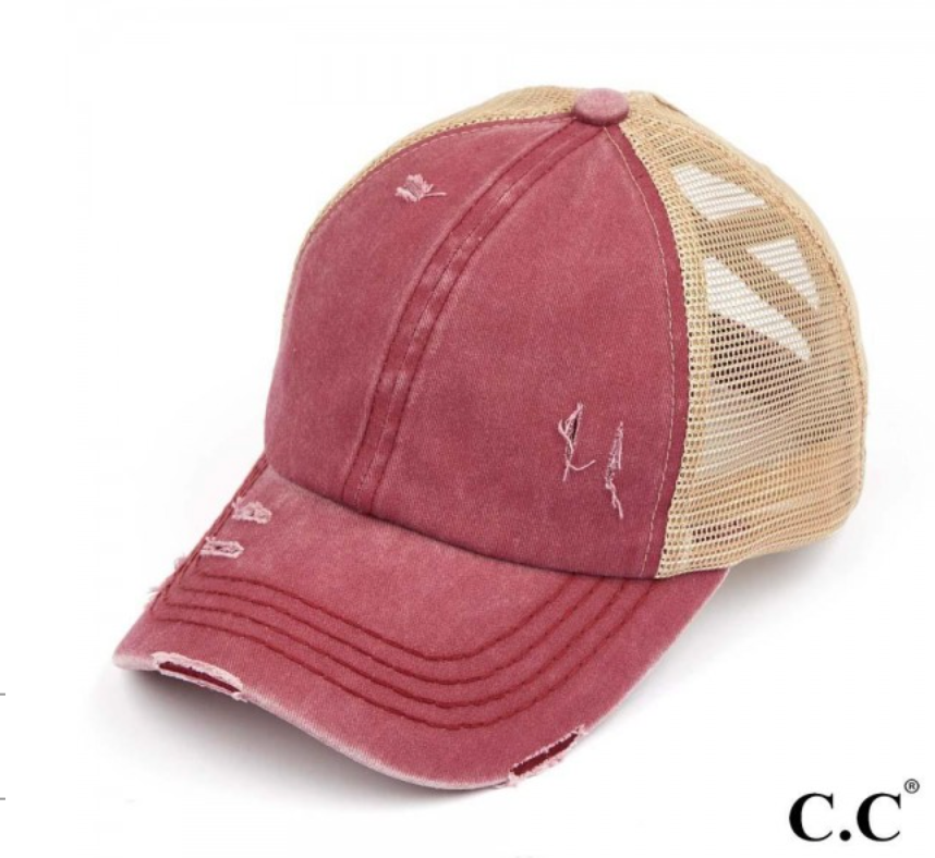 criss cross distressed denim high pony tail ball cap hat berry front
