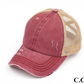 Distressed Denim Criss-Cross High Ponytail Ball Cap. Berry with beige mesh back.