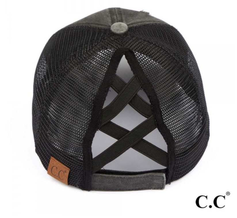 Distressed Denim Criss-Cross High Ponytail Ball Cap. Black with black mesh back.