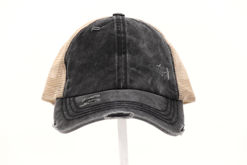 Distressed Denim Criss-Cross High Ponytail Ball Cap. Black with beige mesh back.