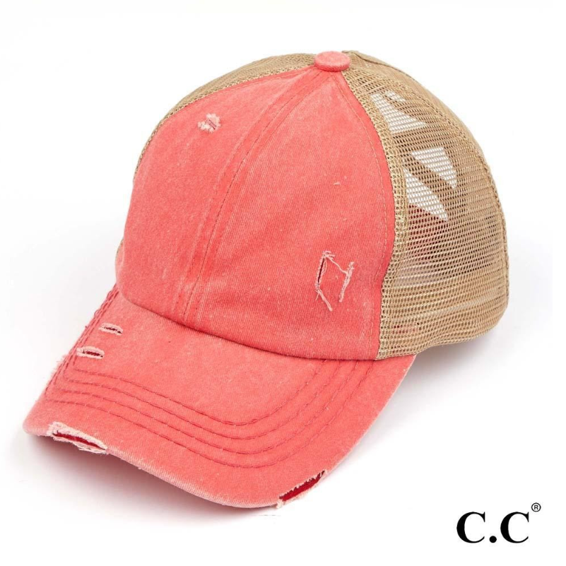 Distressed Denim Criss-Cross High Ponytail Ball Cap. Coral with beige mesh back.
