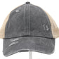 Distressed Denim Criss-Cross High Ponytail Ball Cap. Grey with beige mesh back