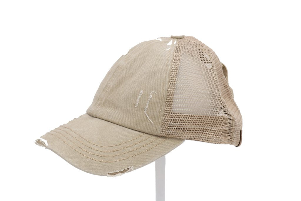 Distressed Denim Criss-Cross High Ponytail Ball Cap. Khaki color with beige mesh back.