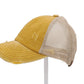 Distressed Denim Criss-Cross High Ponytail Ball Cap. Mustard with beige mesh back.