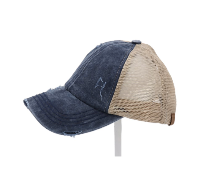 Distressed Denim Criss-Cross High Ponytail Ball Cap. Navy with beige mesh back.