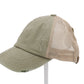 Distressed Denim Criss-Cross High Ponytail Ball Cap. Olive with beige mesh back.