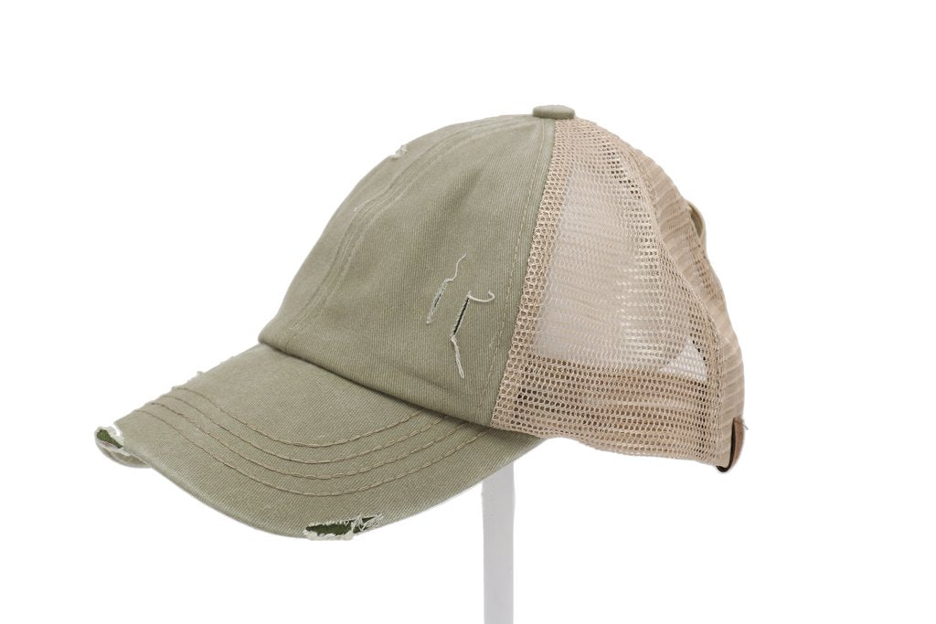 Distressed Denim Criss-Cross High Ponytail Ball Cap. Olive with beige mesh back.