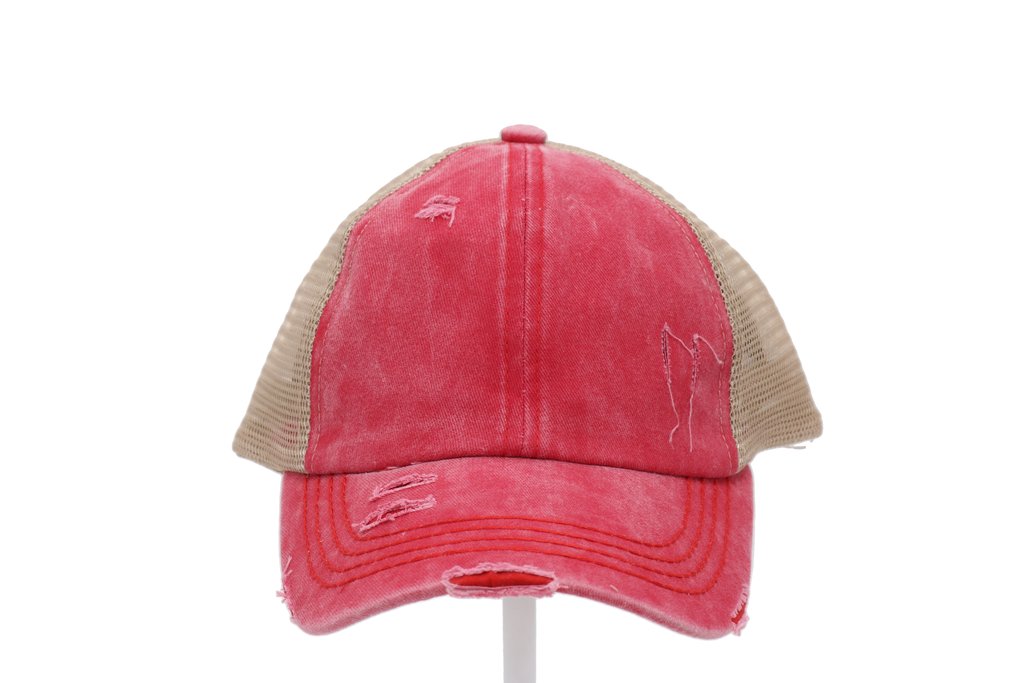 Distressed Denim Criss-Cross High Ponytail Ball Cap. Red with beige mesh back.