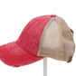 Distressed Denim Criss-Cross High Ponytail Ball Cap. Red with beige mesh back.