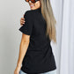Woman modeling black tee with graphic print with white ink print - "Desert Dreamer"