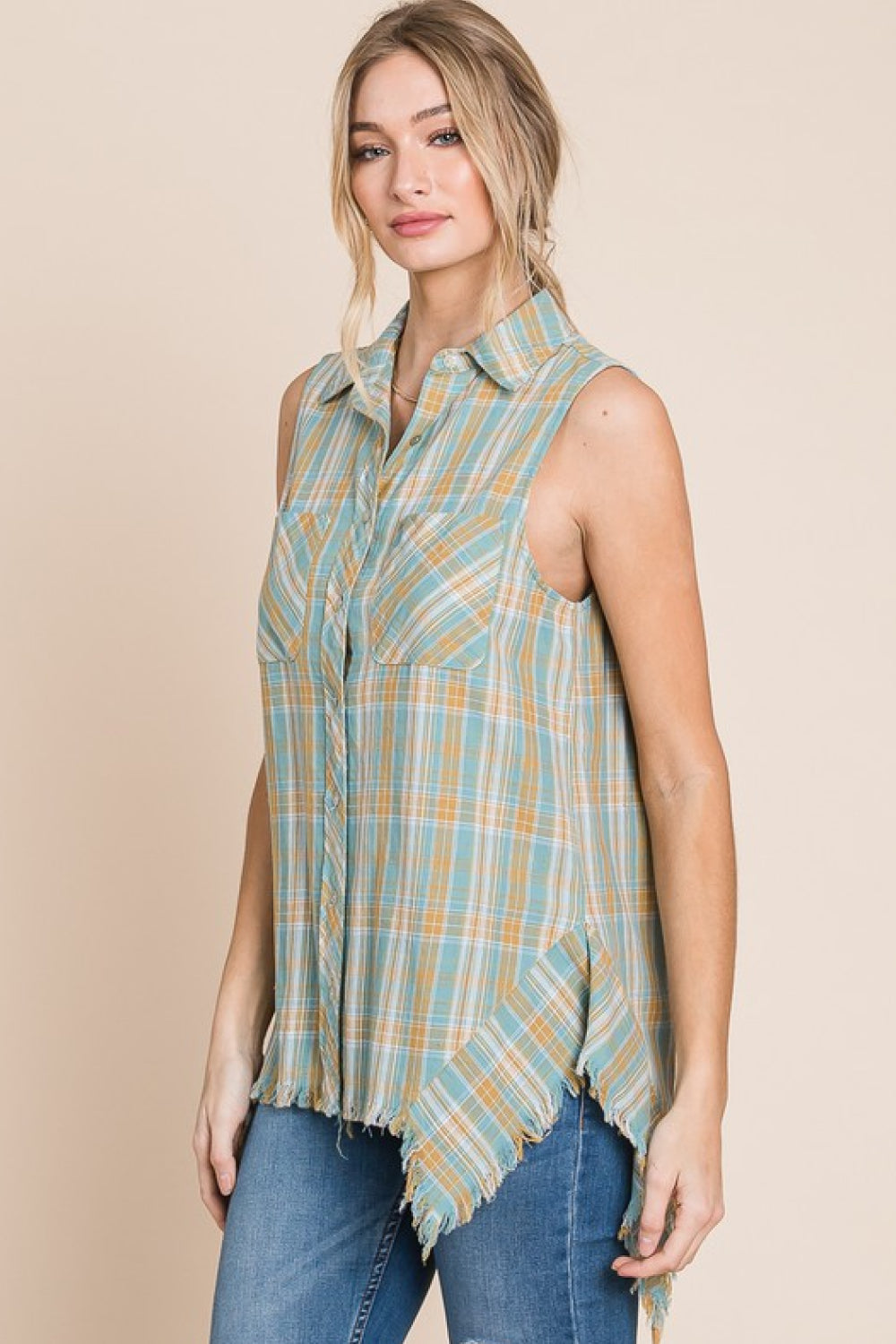Days Gone By Sleeveless Frayed Plaid Button-Up Shirt