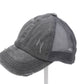 Distressed Denim Criss-Cross High Ponytail Ball Cap. Grey with grey mesh back.