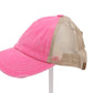 Distressed Denim Criss-Cross High Ponytail Ball Cap. Pink with beige mesh back.