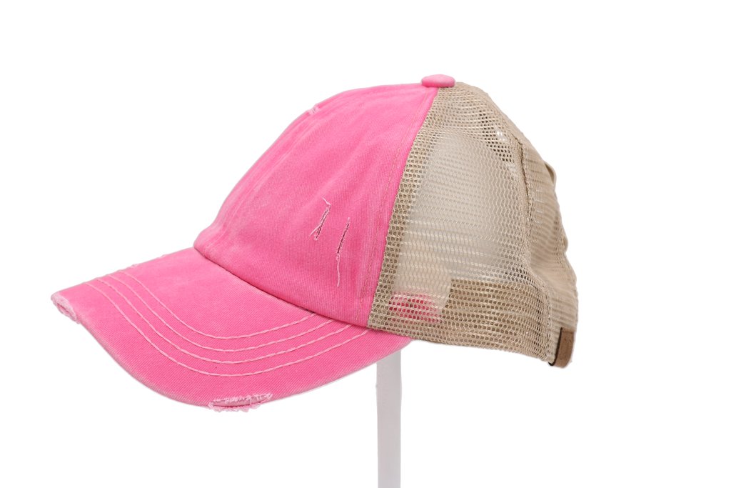 Distressed Denim Criss-Cross High Ponytail Ball Cap. Pink with beige mesh back.