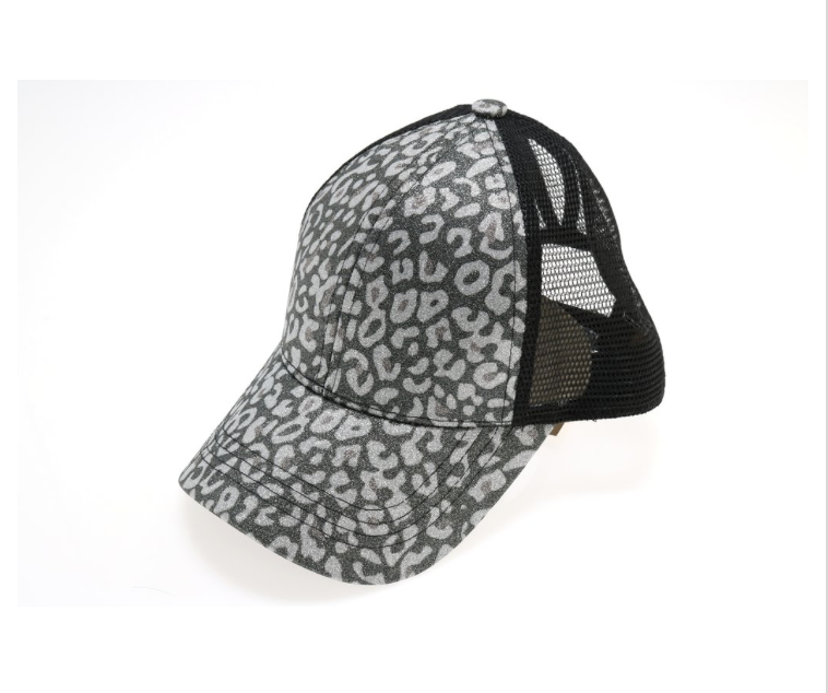 black leopard metallic glitter high ponytail hat with black mesh back.