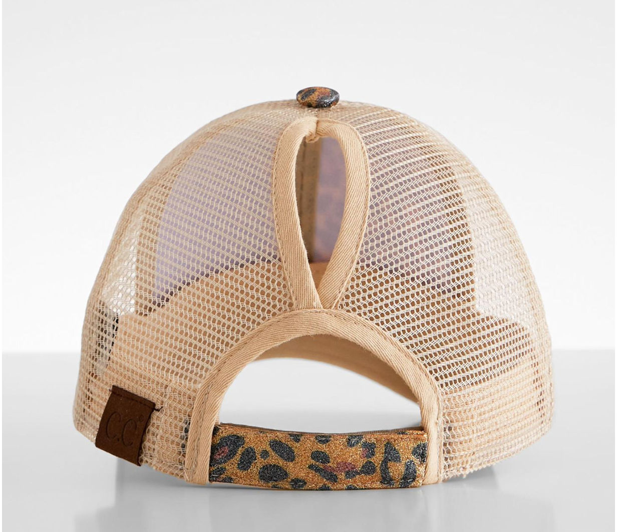 brown leopard metallic glitter high ponytail hat with beige mesh back.