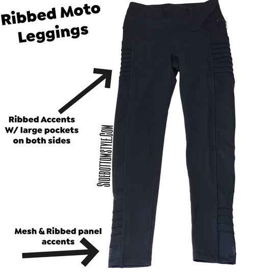 Black moto leggings features deep pockets on both sides plus mesh and ribbed panels. 