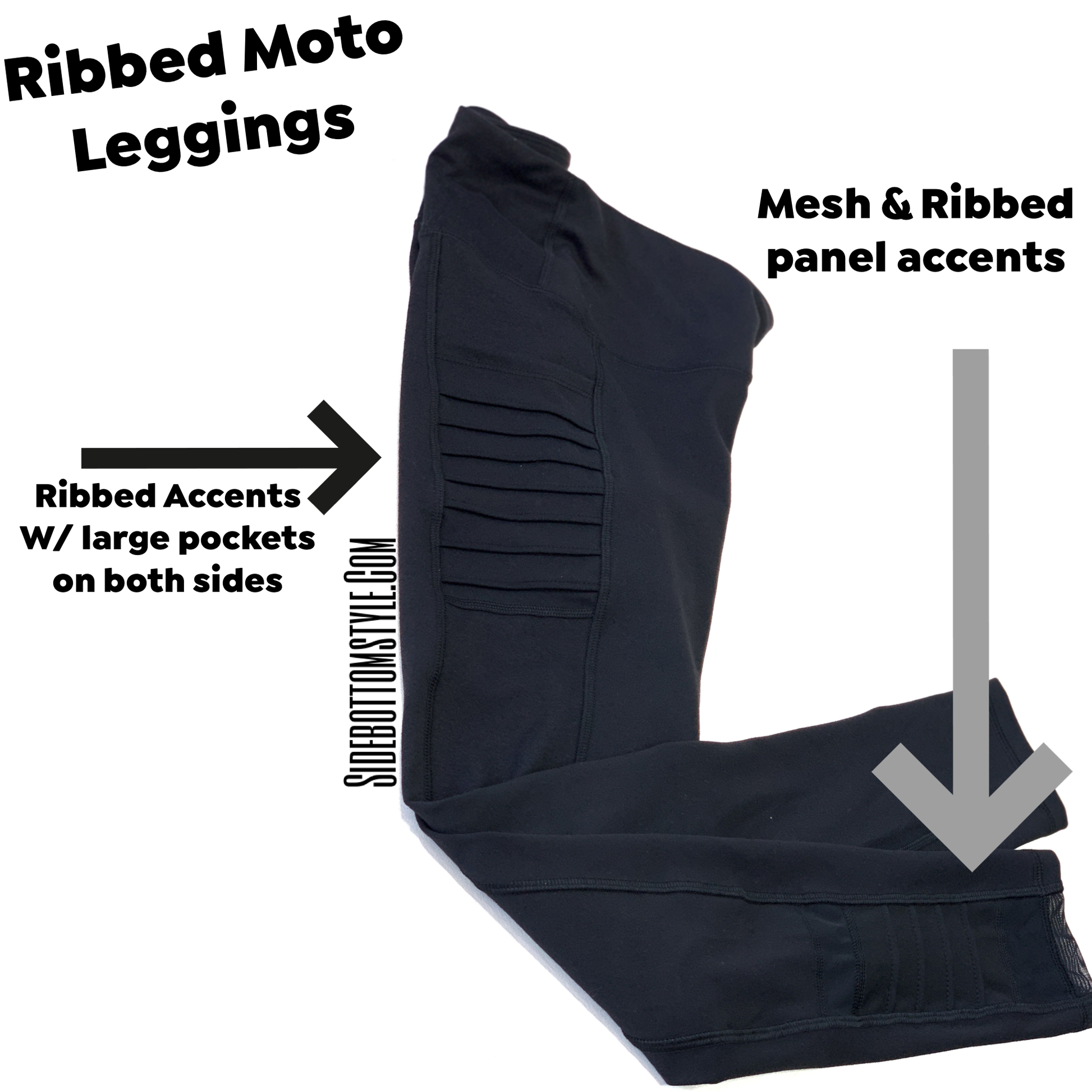 Black moto leggings features deep pockets on both sides plus mesh and ribbed panels.